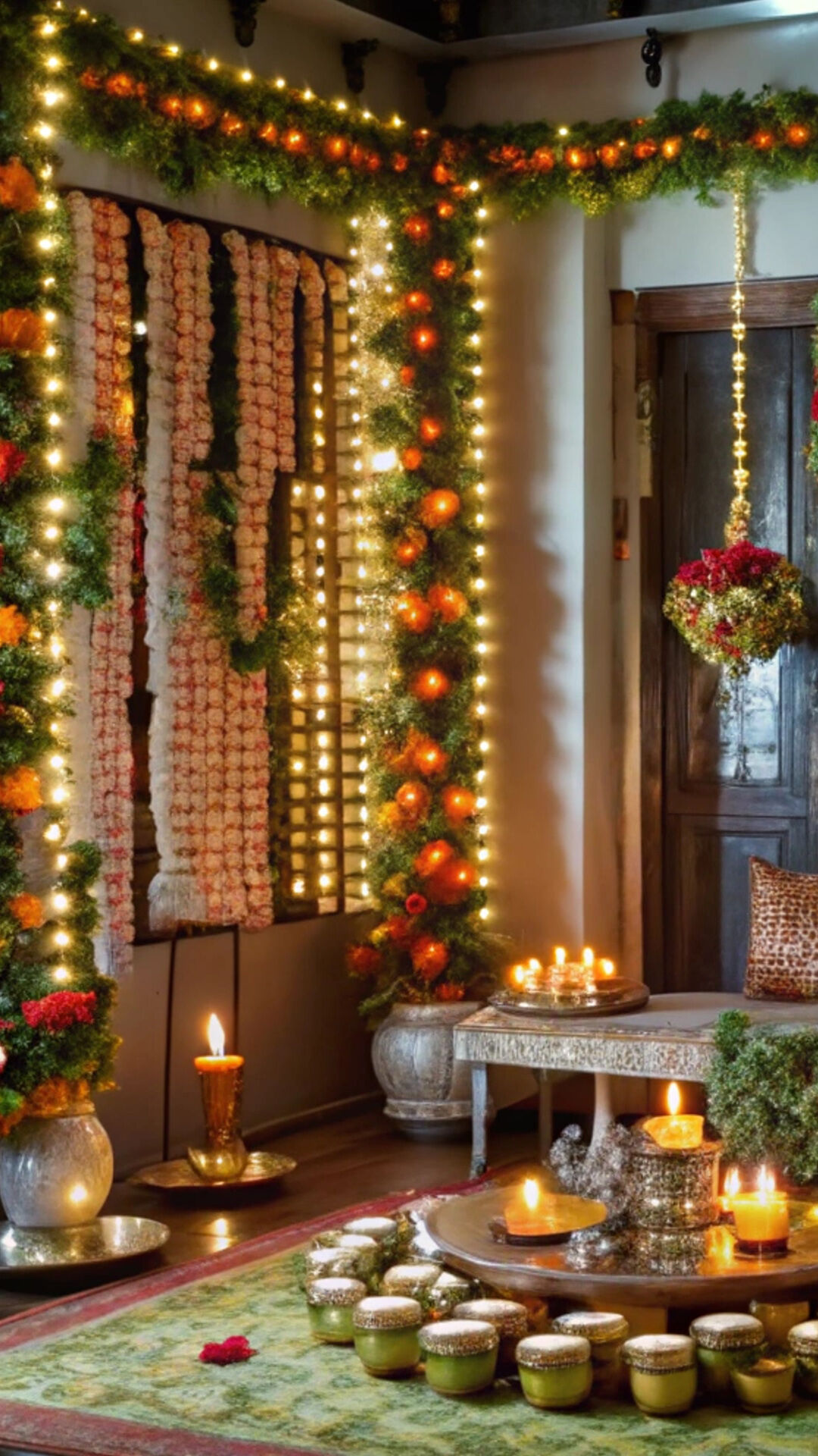 Traditional Indian home decorated with marigold garlands, string lights, diyas, candles, and festive flowers creating a warm and vibrant celebration setup.